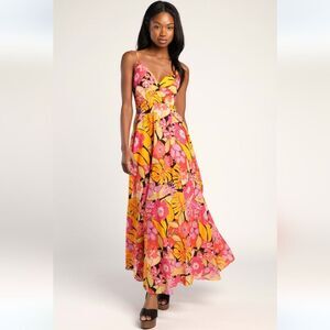 Lulus Cabo Is Calling My Name Orange Floral Print Surplice Maxi Dress Size M